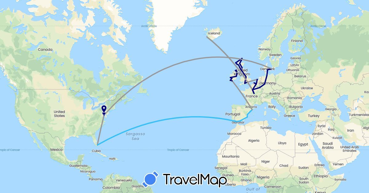 TravelMap itinerary: driving, plane, boat in Belgium, Germany, Denmark, Spain, France, United Kingdom, Ireland, Isle of Man, Iceland, Luxembourg, Netherlands, United States (Europe, North America)